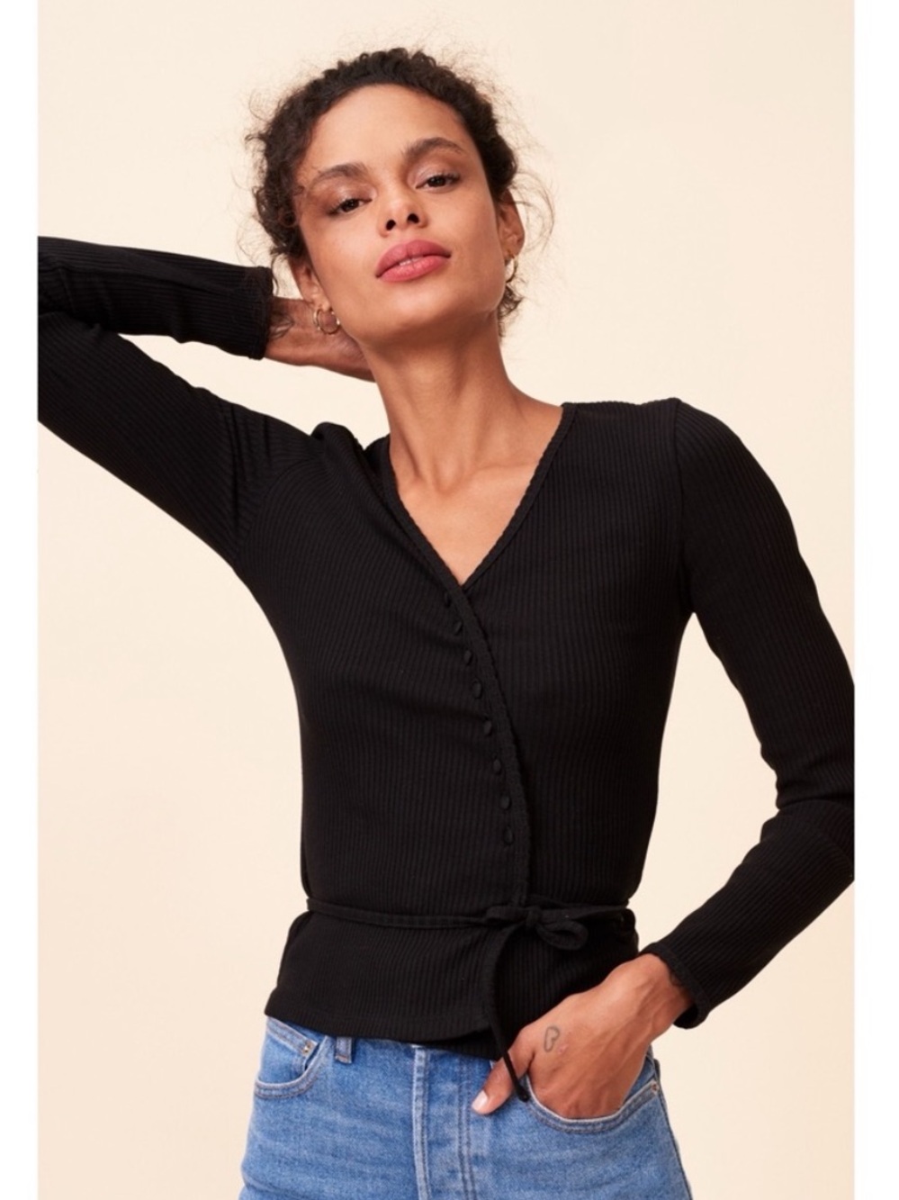 Rouje Paris | Julien Ribbed V Neck Wrap Top Black 38